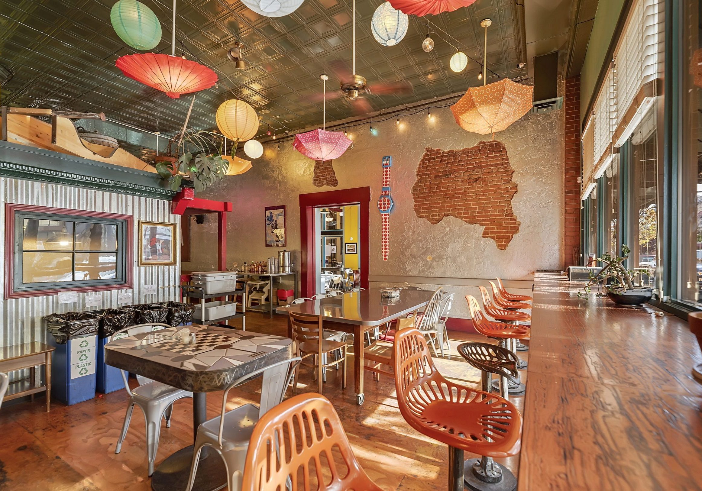 Eclectic dining area at Messenger Pizza in downtown Nampa