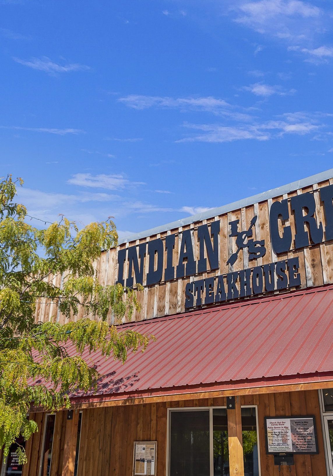 Front exterior and signage of Indian Creek Steakhouse in downtown Caldwell, Idaho