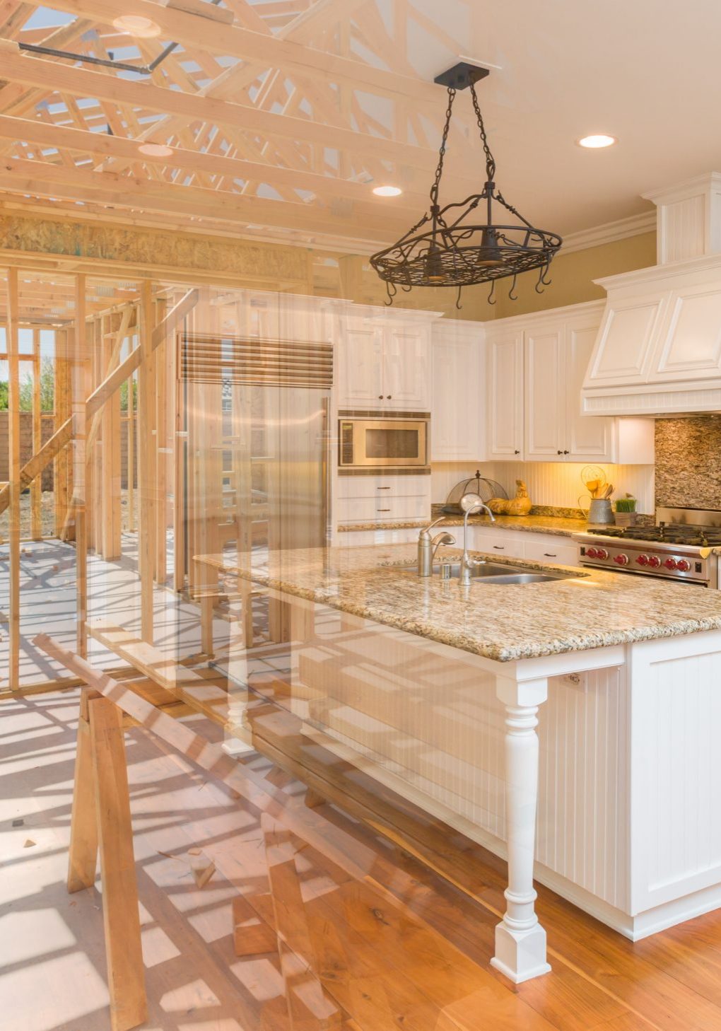 House Construction Framing Gradating Into Finished Kitchen Build.