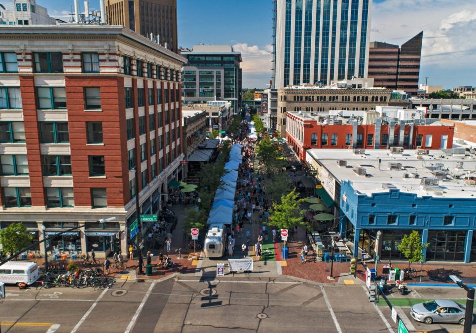 Aerial view of farmers' market in downtown Boise